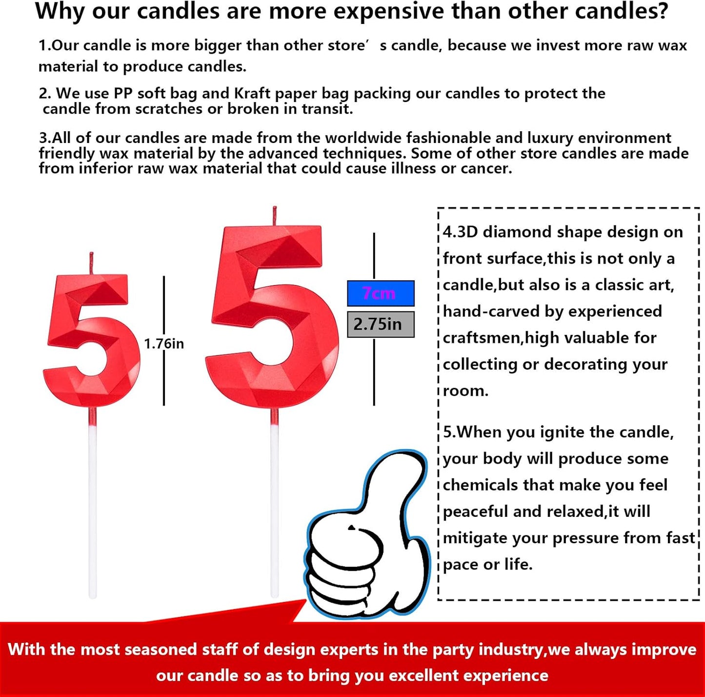 2.75in Tall 3D Diamond Shape Bright Red 5 Candles, Red Color Happy Birthday Cake Toppers Decorating and Celebrating for Adults/Kids Party/Family Baking (Bright Red Diamond Shaped 2.75in Number 5)