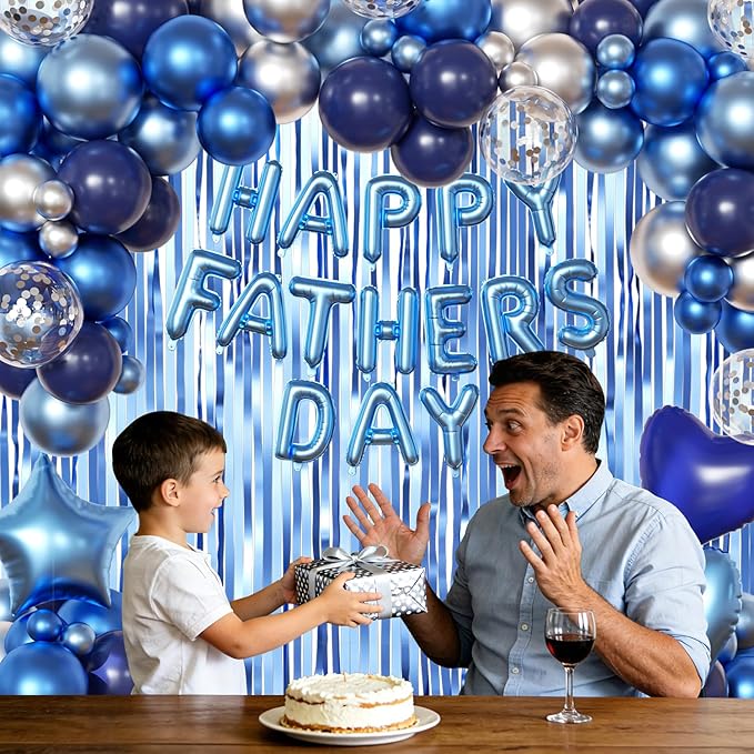 Happy Fathers Day Decorations, Metallic Blue Dark Blue Silver Foil Confetti Balloons Blue Fringe Curtains Banner for Father's Day Party Decorations