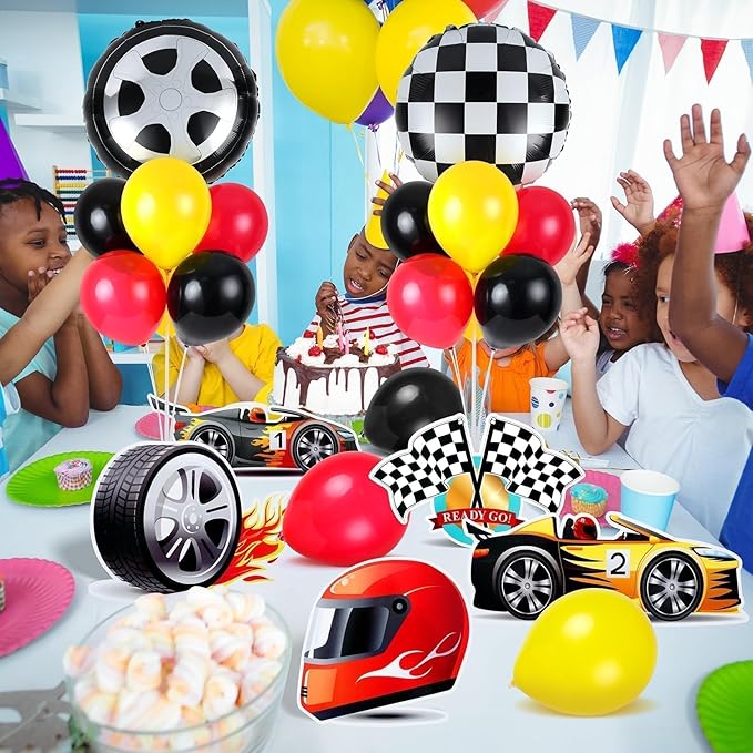 6 Sets Race Car Party Balloons Stand Kit Racing Car Table Centerpieces Decor Red Black Yellow Balloon Race Car Birthday Party For Boys Let's go Birthday Racing Sports Themed Decorations