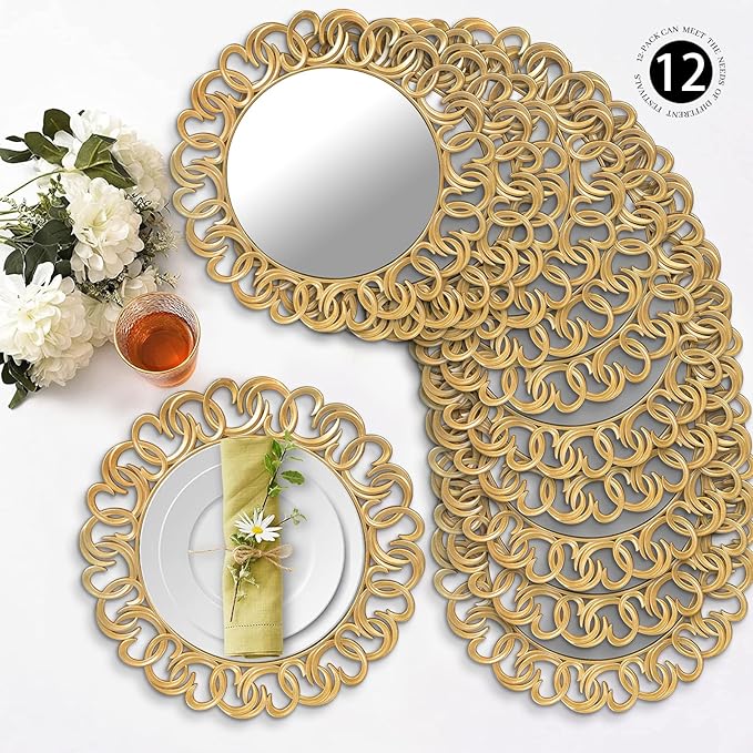 MAONAME 13" Gold Charger Plates Set of 12, Mirror Charger for Dinner Plates, Plastic Plate Chargers with Embossed Rims, Round Chargers for Table Setting, Wedding