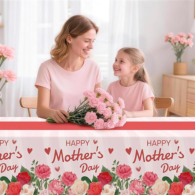 Childom 2 Pack Mothers Day Tablecloth,Mother's Day Party Decorations,54" x 108" Plastic Disposable Tablecloths for Rectangle,Plastic Table Covers for Mom Birthday Party Supplies Holiday Buffet Table