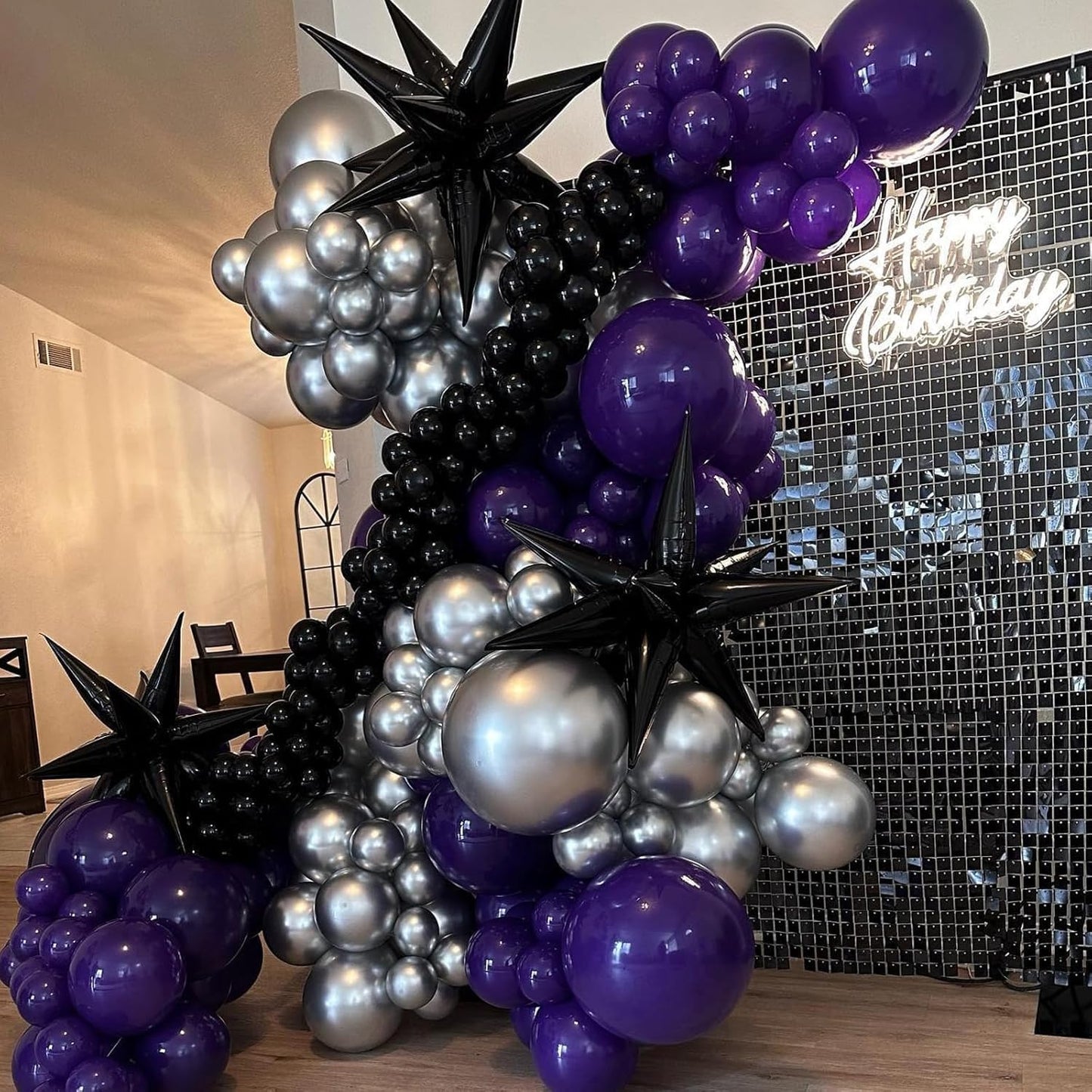 Purple and Black Balloon Arch Kit, 132Pcs Explosion Star Metallic Silver Purple Black Confetti Balloon Garland kit Different Size Balloons for Halloween Graduation Birthday Party Decorations