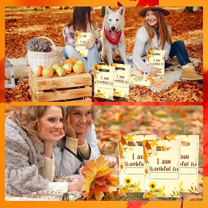 Supervitae 100 Pcs I Am Thankful Plastic Gift Bags Thanksgiving Party Favor Thank You Bags Bulk with Handles for Thankful Gratitude Snacks Goodie Candy Treat Autumn Fall Thanksgiving Party Supplies