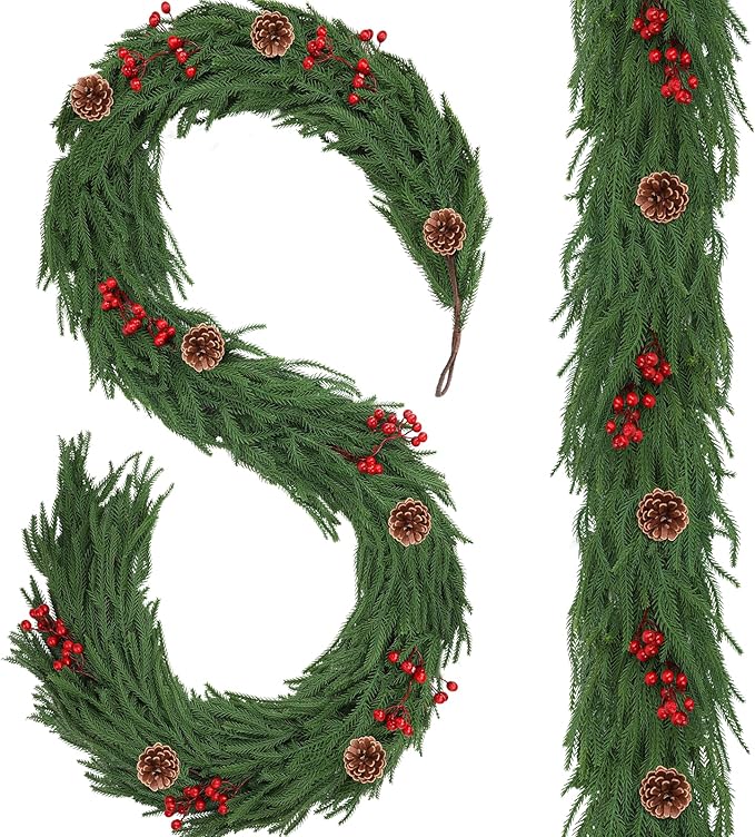 1 Pack 9FT Christmas Norfolk Pine Garlands with Pine Cone Real Touch Christmas Garland Artificial Greenery Garland for Fireplace, Table, Wall, Stairs, Outdoor Holiday Décor