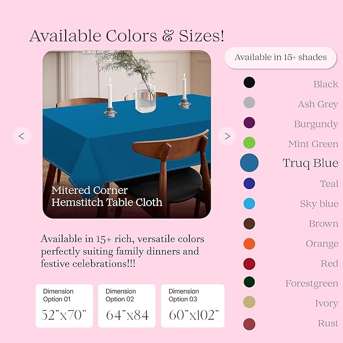 Turquoise Blue Tablecloth, Table Cover 60x84 Inch, 100% Cotton, Fits 6-8 Seats, Durable, Washable, Wrinkle Resistant, Rectangle Table Cloth for Dining, Party, Events, Outdoor Use