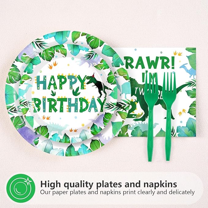 Grencian 96PCS Dinosaur 2nd Happy Birthday Party Supplies 2nd Dinosaur Plates and Napkins Forks Disposable Tableware Set for 2 Years Old Boy Birthday Party Decorations Serves 24