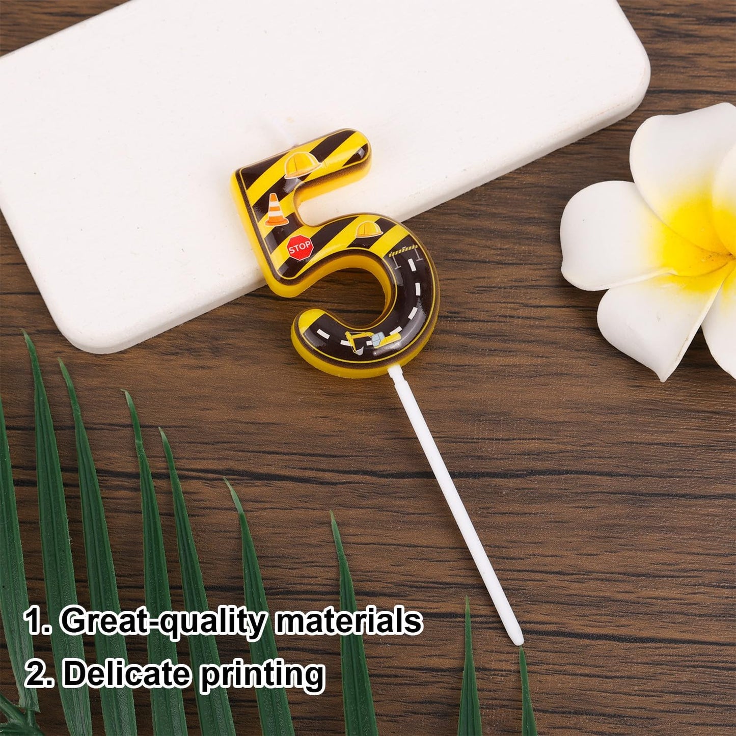 Construction Birthday Number Candles, Yellow & Black Striped Cake Topper Building Theme Party Decorations for Graduation Anniversary Celebration (Number 5)