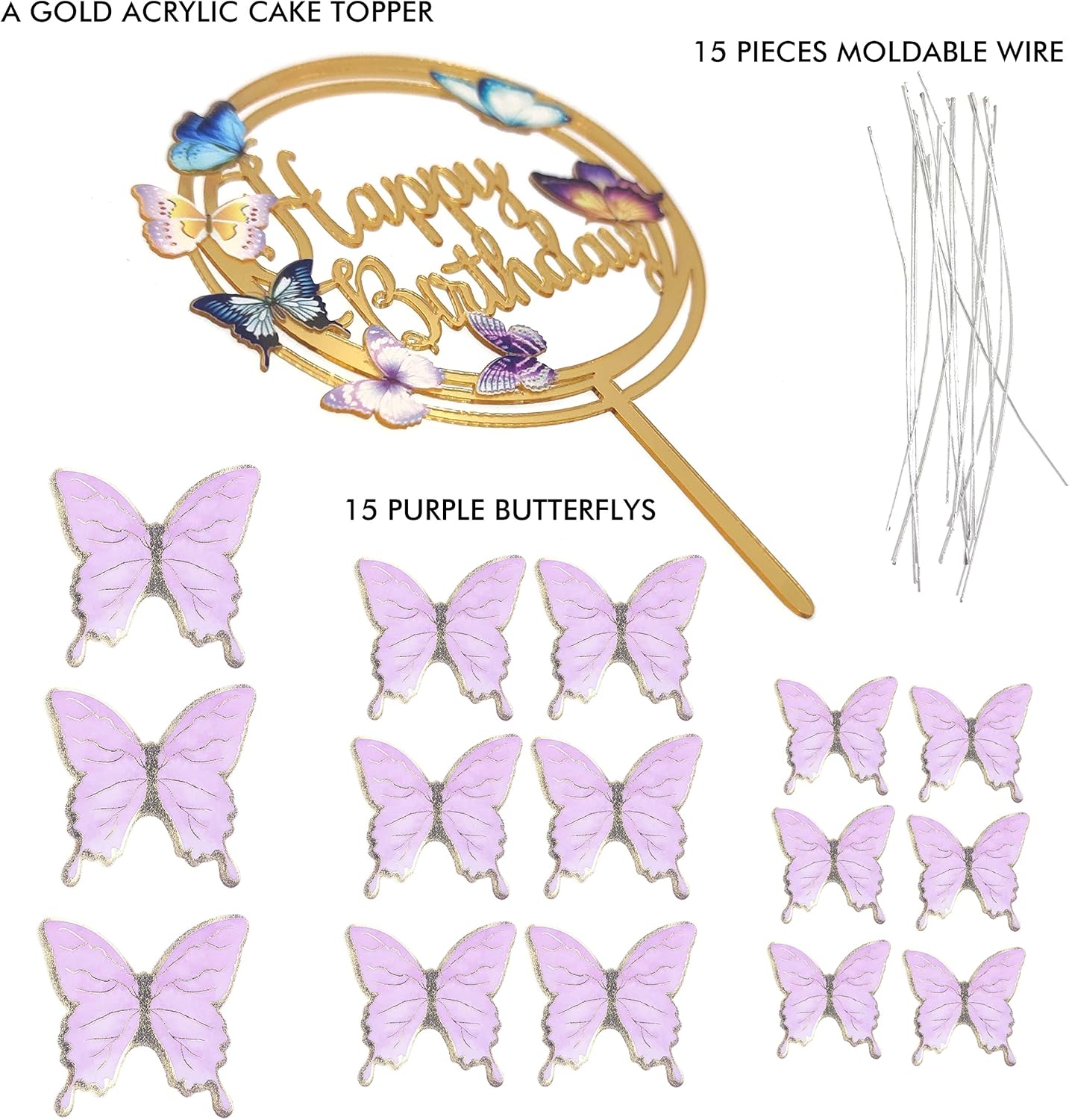 Purple Gold Butterfly Cake Toppers Decorations - 1 Big Acrylic Happy Birthday Cake Topper & 15Pcs 3D Butterfly Cupcake Toppers - Perfect for Women Girl's Birthday