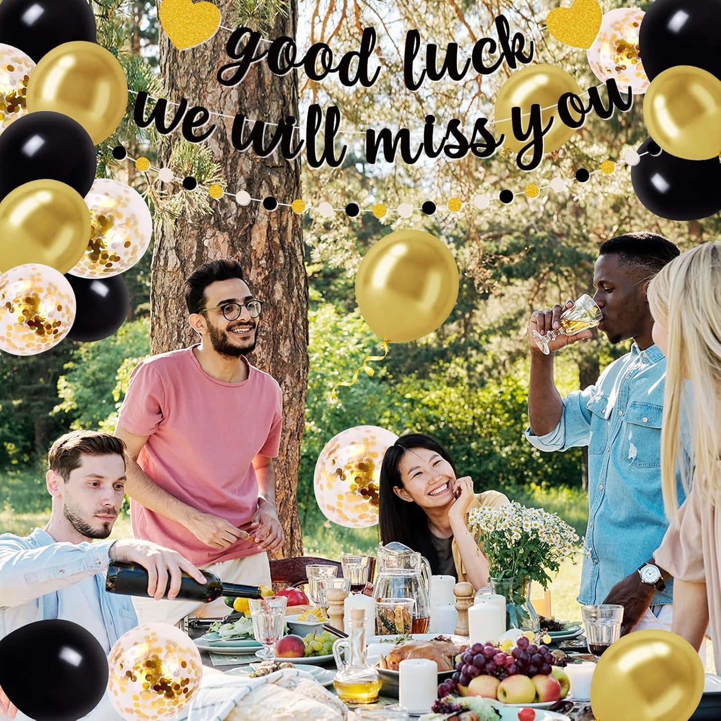 Farewell Party Decorations – Black Glitter Goodbye Banner “Good Luck, We Will Miss You”, Black Gold White Garland, Latex & Confetti Balloons for Retirement, Going Away, Goodbye Party Supplies