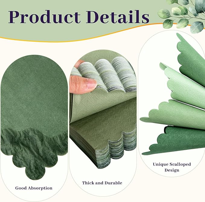 100 Pcs Green Cocktail Napkins Folded 5 x 5 Scalloped Napkins Gradient Color Beverage Napkins Disposable Dessert Napkins for Birthday Party Supplies Wedding