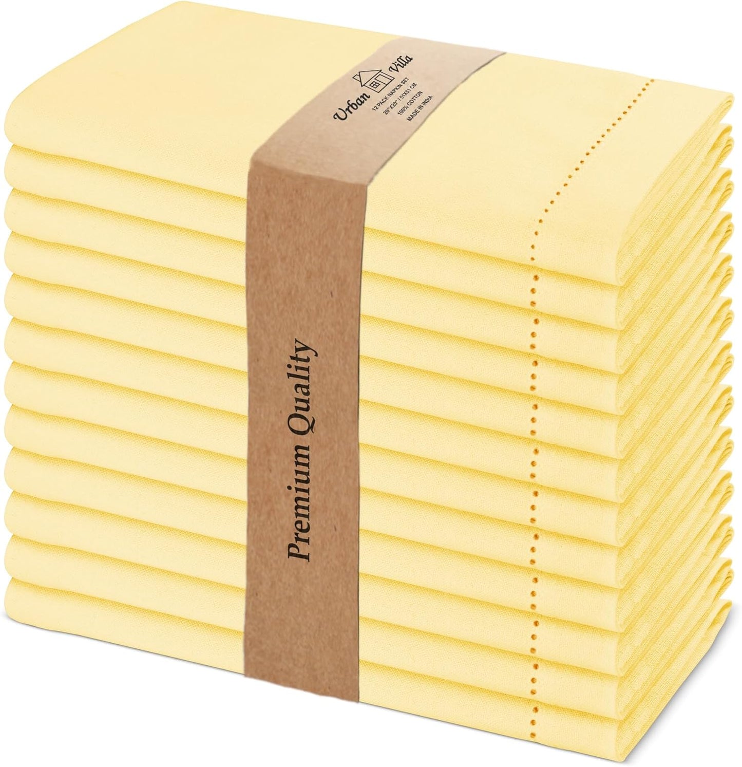 Urban Villa Fall Cloth Napkins Hemstitch Solid Yellow 100% Cotton Absorbent Dinner Napkins (Set of 12) 20x20 Inches Soft Durable Washable Reusable Ideal for Everyday Use Wedding Parties Thanks Giving