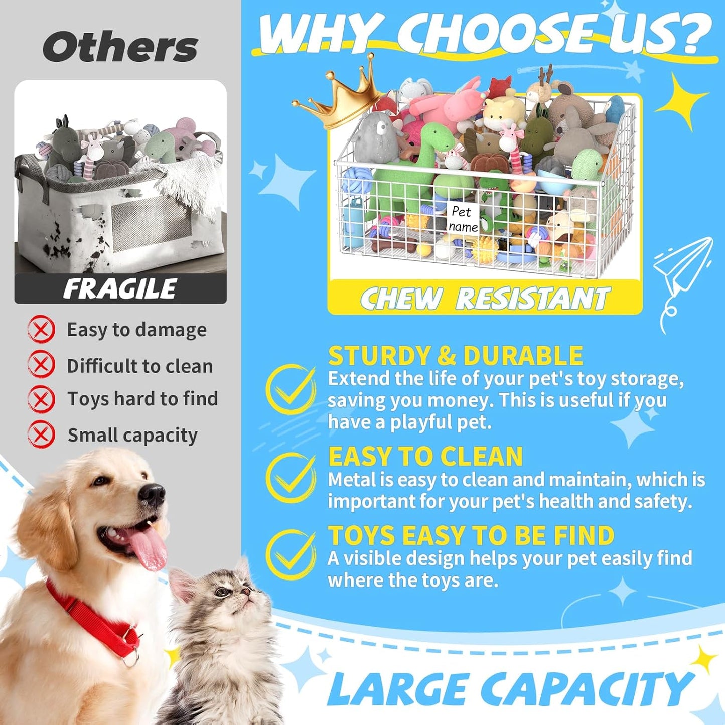Indestructible Dog Toy basket, Large Toy Box for Dogs,Pet Toy Bin Dog Metal Basket for Toys, Toy Storage Organizer, Toy Box for Living Room Area (White)