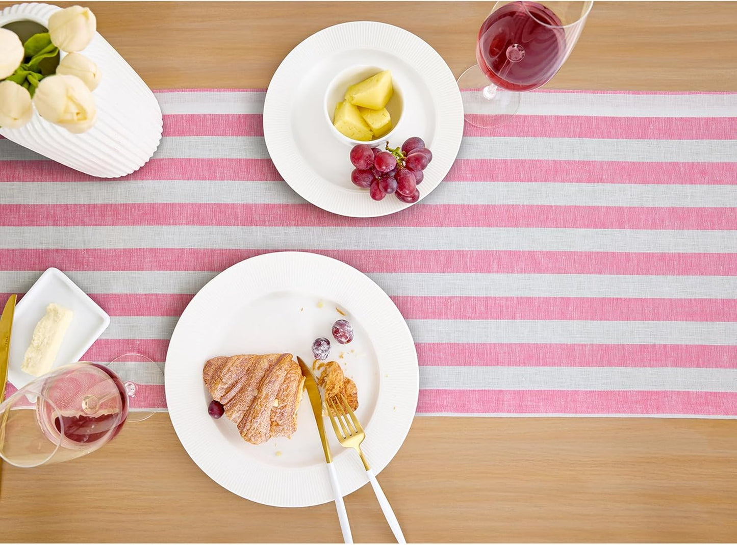 Solino Home Linen Striped Table Runner 132 Inches Long - Sorrento Stripe 100% Pure Linen Chateau Rose and White Dining Table Runner 14 x 132 Inch