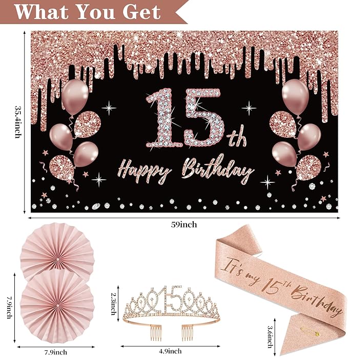 15th Birthday Decorations for Girls, 33pcs Black Rose Gold Happy 15th Birthday Banner 15 Birthday Crown and Sash Balloons Backdrop Hanging Swirls Paper Fans, 15 Years Old Party Supplies Kit