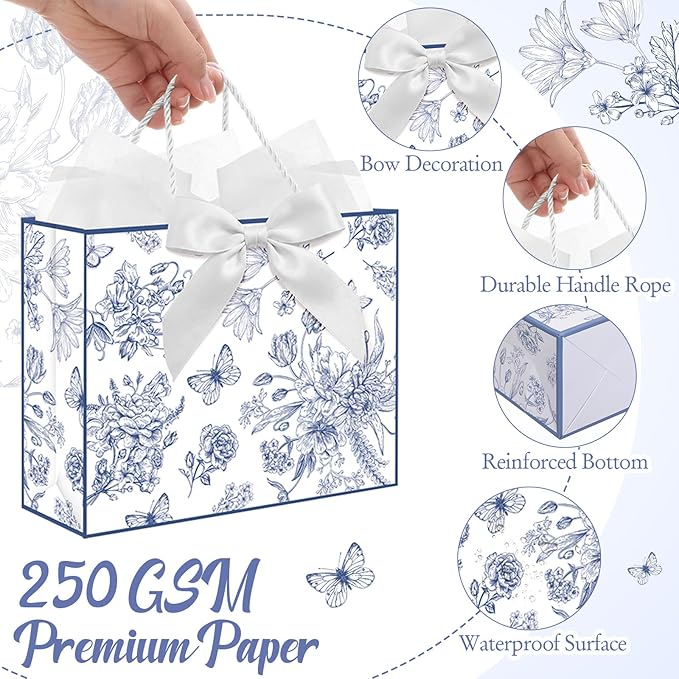 Maitys 12 Pack 13" Large Blue Floral Gift Bags Bulk with Handle, Tissue Papers, Ribbons and Greeting Cards Peony Flower Paper Bags for Wedding Bridesmaid Bridal Shower Engagement Birthday Party Favors