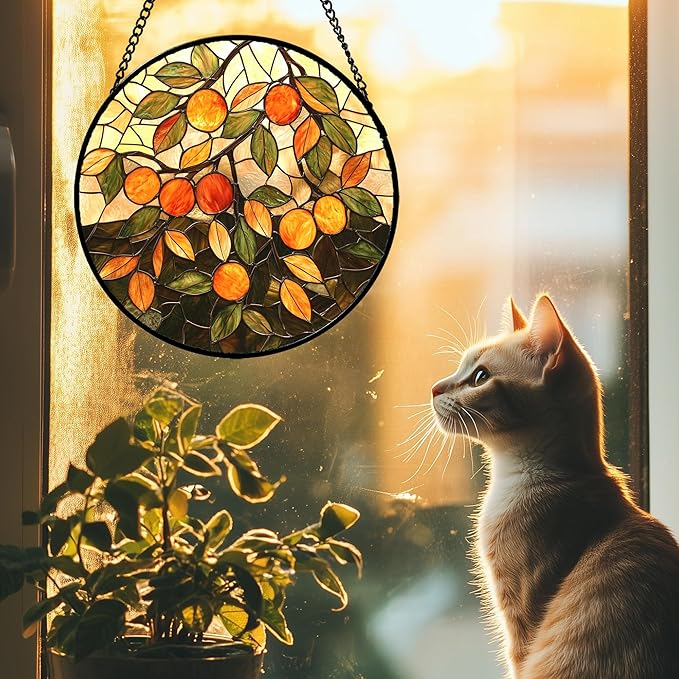 Stained Glass Suncatcher, Orange Green Fruit Tree Sun Catcher Landscape Stain Glass Window Hanging Decoration Mother's Day Birthday Gifts for Women Men Mom Nana 9.8 in