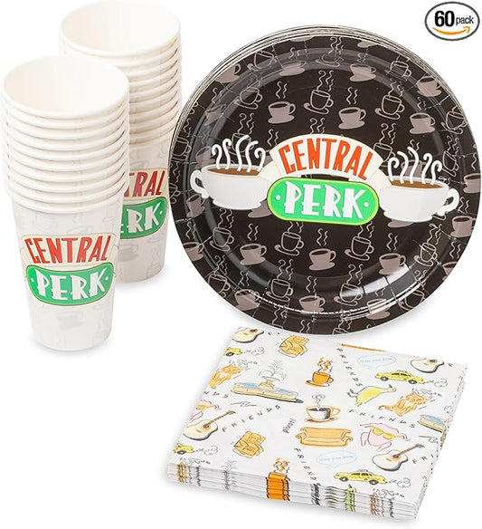 Silver Buffalo Friends Central Perk Iconic Icons and Quotes Pivot 60 Pack Partyware Disposable Paper Plates, Napkins, and Cups