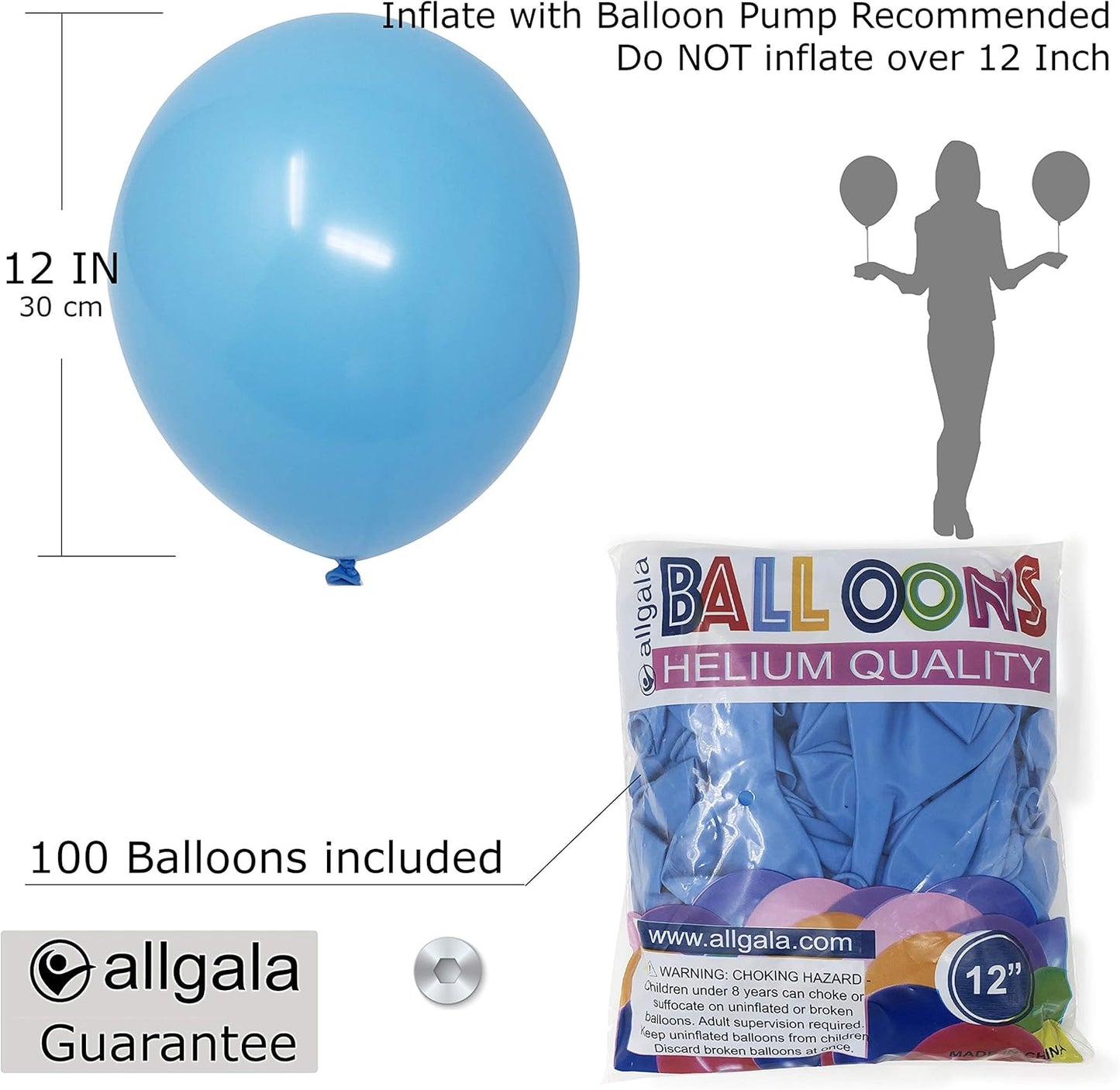 Allgala Latex Balloons for Parties | Helium Grade Bulk Balloon Pack | Ideal for Birthday Party Decorations, Baby Shower, Christmas Party | Colored Balloons for Events | 100ct 12" - Light Blue