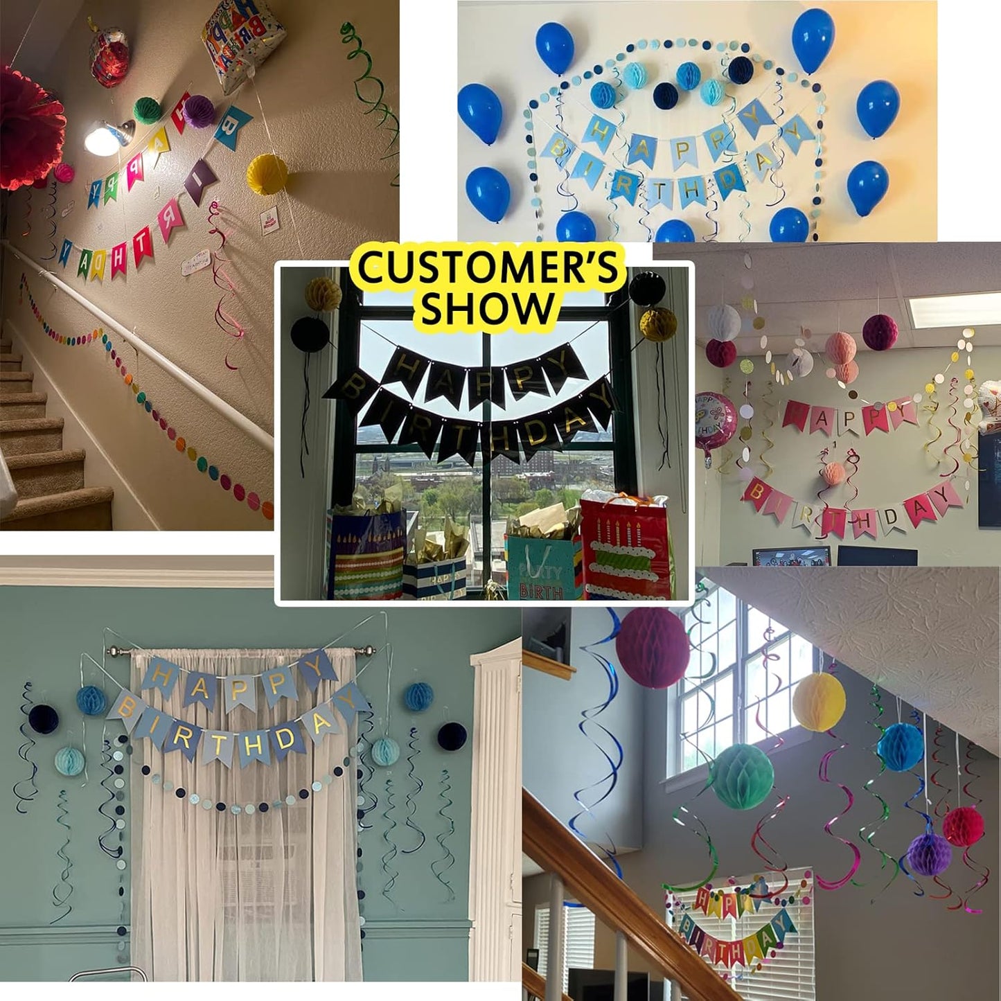 Pink Birthday Decorations with Happy Birthday Banner, Paper Honeycomb Balls, Circle Garland and Hanging Swirl Decorations