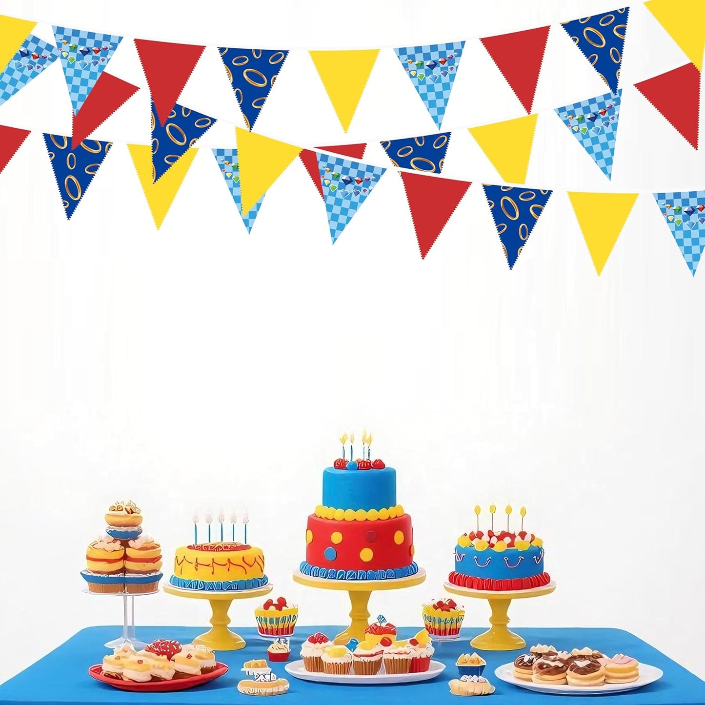 32Ft Hedgehog Birthday Party Decorations Red Blue Yellow and Golden Rings Triangle Flag Pennant Banner Fabric Garland Streamer for Kids Boys Cartoon Birthday Hedgehog Baby Shower Party Decor Supplies