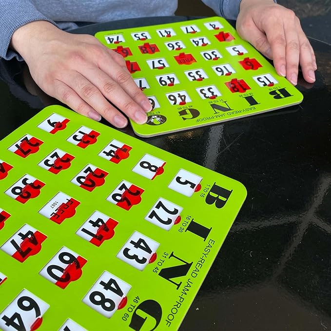 MR CHIPS Jam-Proof Easy-Read Large Print Fingertip Bingo Cards with Sliding Windows - 50 Pack in Green Style
