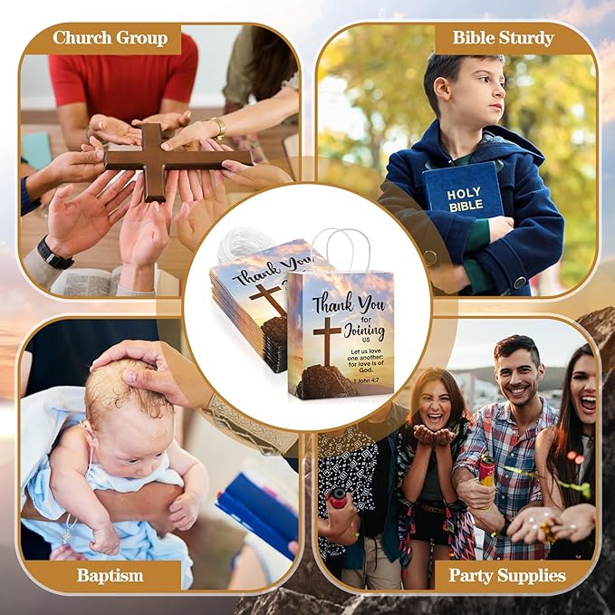 24 Pcs Welcome to Our Church Gift Bags Religious Brochure Paper Gift Bag with Handles Church Visitor Packets Christian Religious Party Favor for Vbs Birthday Baptism Party Supplies Decoration