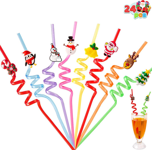 JOYIN 24 PCS Christmas Plastic Straws, 8 Colors Reusable Drinking Straws for Xmas Party Favors Kid-Friendly Supplies, Christmas Party Decorations, Goodie Bags Stuffers Fillers for Kids.