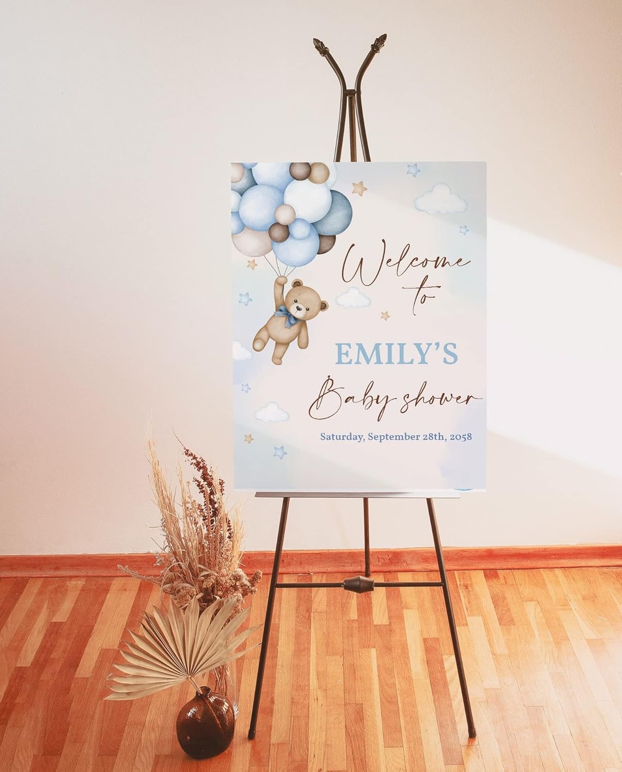 Personalized Teddy Bear Baby Shower Welcome Sign, Blue Balloon Bear Baby Shower Sign, Welcome to Baby Shower Sign Decoration.