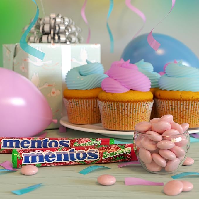 Mentos Chewy Mint Candy Roll, Strawberry Mint Candies, 14 Pieces Per Roll, 15 Count Party Pack