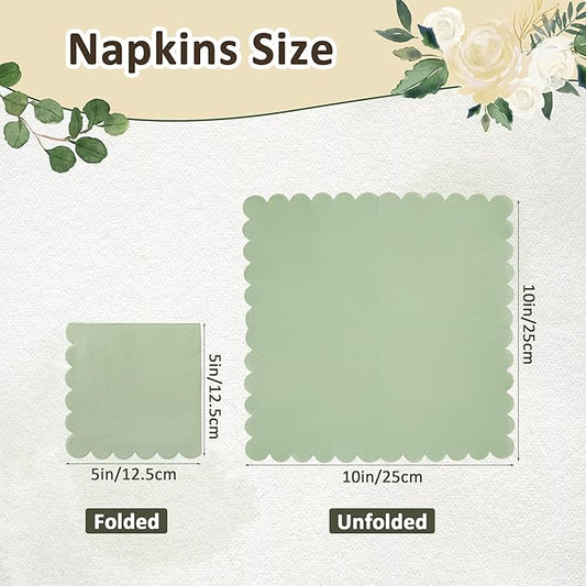 100 Pcs Sage Green Napkins Scalloped Edged Dessert Cocktail Napkins Folded 5 x 5 Inches Disposable Napkins for Dinner Wedding Birthday Party