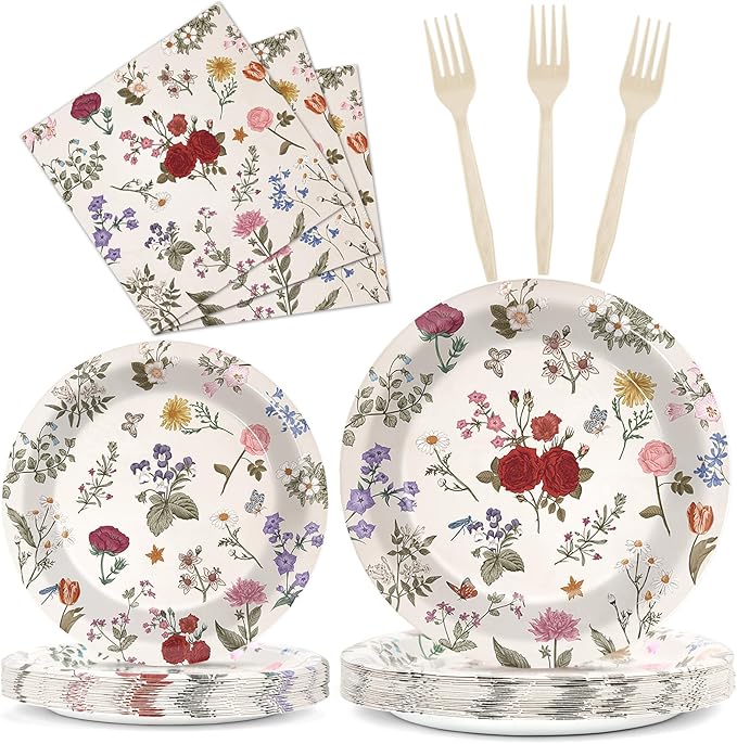 OBUSATT 96Pcs Wild Floral Party Supplies Wild Floral Paper Plates Napkins Spring themd Flowers Party Decorations Tea Dinnerware Favor Birthday Wedding Bridal Shower Baby Shower Tableware Serves 24