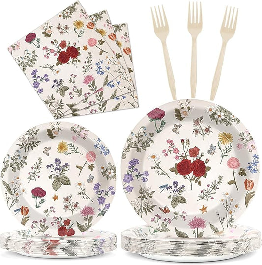 OBUSATT 96Pcs Wild Floral Party Supplies Wild Floral Paper Plates Napkins Spring themd Flowers Party Decorations Tea Dinnerware Favor Birthday Wedding Bridal Shower Baby Shower Tableware Serves 24