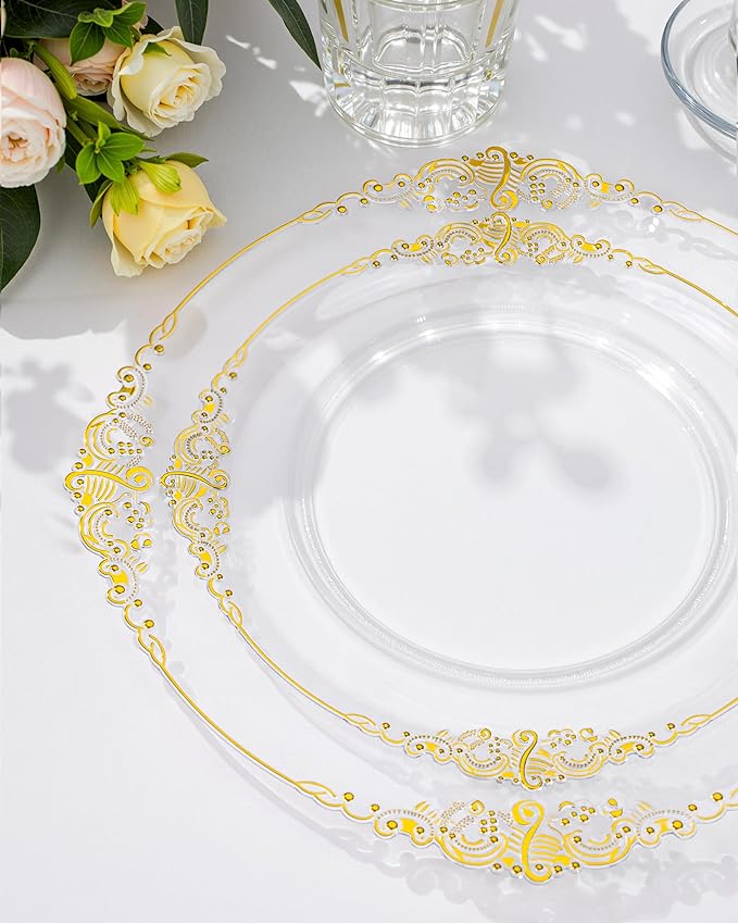Nervure 100PCS Clear and Gold Plastic Plates - 7.5inch Clear Disposable Plates - Heavyweight Gold Plastic Plate - Dessert Plate for Wedding & Party