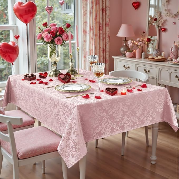 SASTYBALE Pink Table Cloth - 60 x 120 Inch Jacquard Tablecloths Damask Design Spillproof Wrinkle Resistant Valentines Tablecloth Polyester Oblong Table Cover for Wedding Anniversary Party