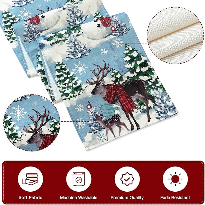 Artscope Reindeer Snowman Christmas Tree Table Runner, Xmas Winter Snowflakes Holiday Kitchen Dining Table Decoration for Christmas Home Party Decor 13x90 Inch-Light Blue