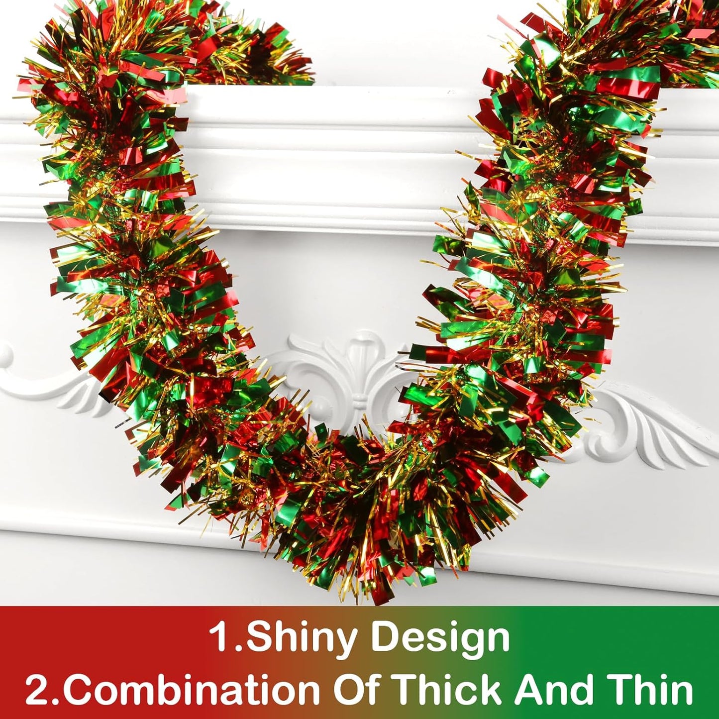 50 Feet Metallic Twist Tinsel Garland - Shiny Hanging Ornaments for Christmas Tree Indoor/Outdoor Decor (Red, Green, Gold)