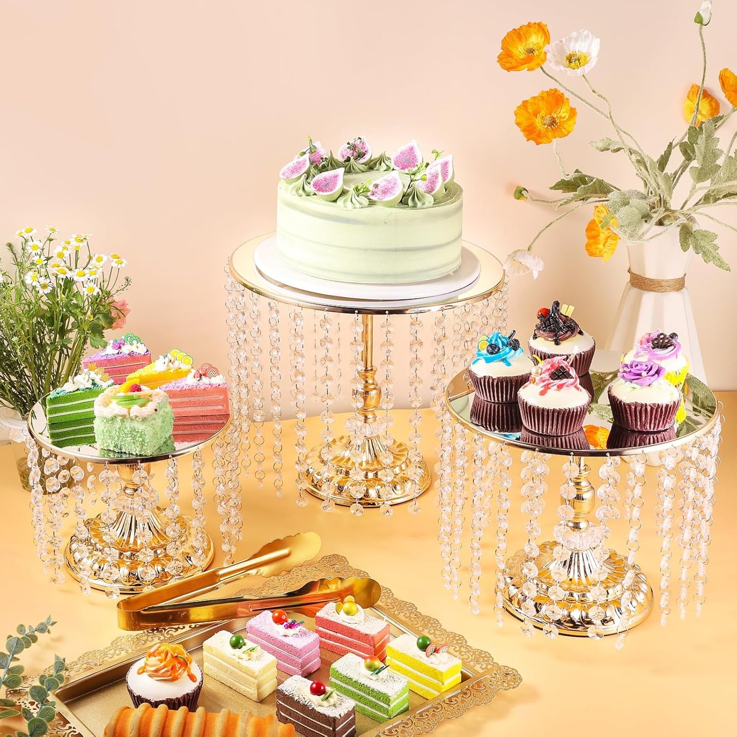 12 Pieces Gold Cake Stand Set, Vintage Cake Display Stand with Crystal Edge and Cupcake Display Tray, Dessert Table Display Set for Wedding Party Baby Shower Anniversary Celebration