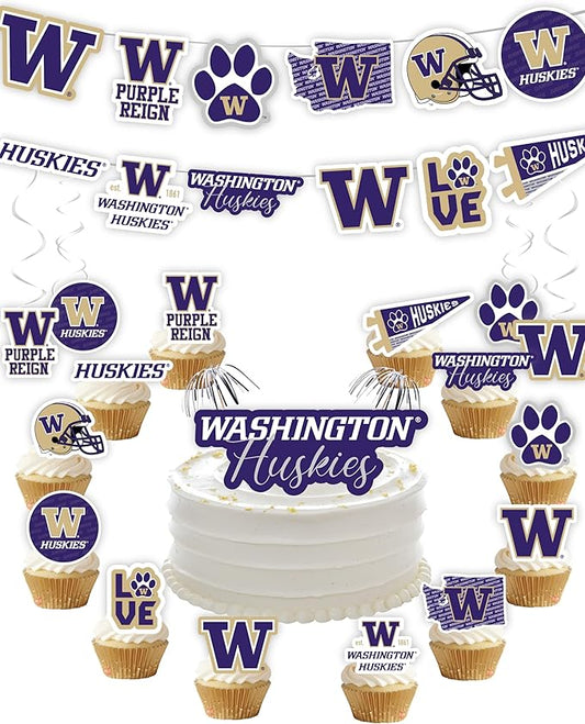 Washington Party Supplies for Football, Birthday Gift, Graduation Party Banner and Cake Toppers (42 Pieces) (Washington Huskies)