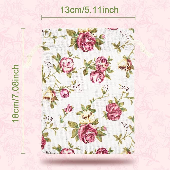 Pangda 30 Pieces Small Size Rose Drawstring Bags Burlap Flower Pouch Bags Linen Gift Jewelry Pouches for Wedding DIY Craft Party (5.1 x 7 Inch)
