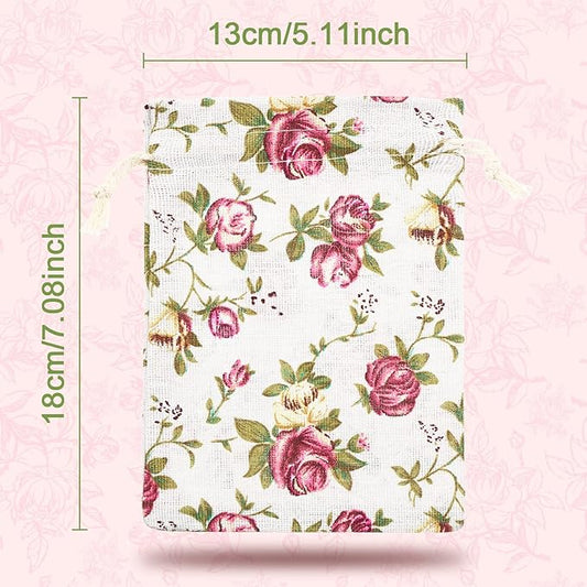 Pangda 30 Pieces Small Size Rose Drawstring Bags Burlap Flower Pouch Bags Linen Gift Jewelry Pouches for Wedding DIY Craft Party (5.1 x 7 Inch)