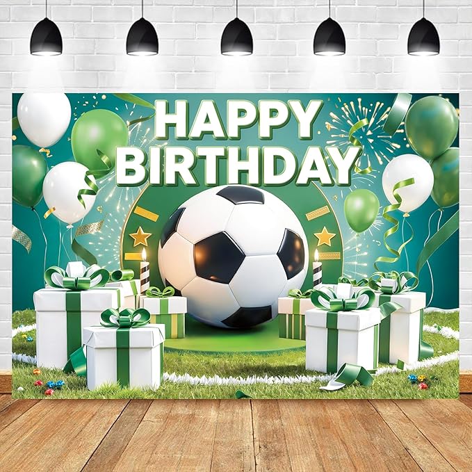 Homewelle Football Birthday Backdrop 7Wx5H Feet Polyester Fabric Boys Kids Sports Theme Soccer Field Balloon Gifts Decoration Green Stadium for Adults Teens Photography Background Photo Shoot Props