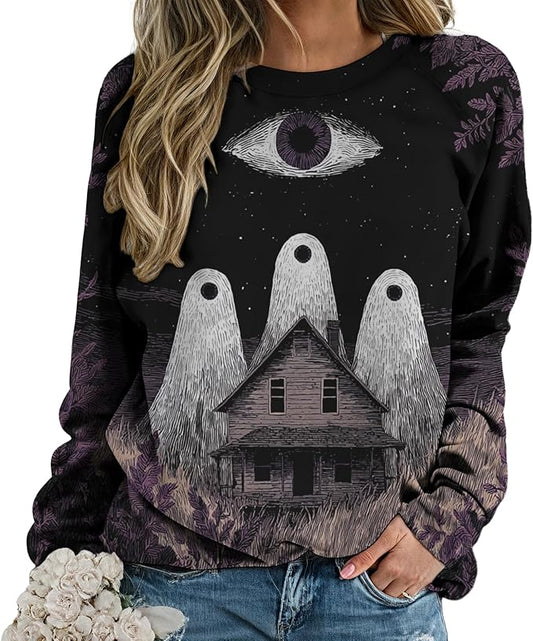 Sweatshirts for Women Graphic Print Casual Pullover Tops Long Sleeve Crewneck Halloween T Shirts