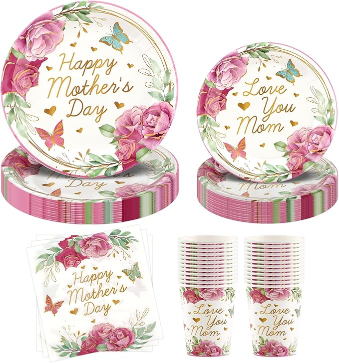 Mothers Day Decorations Happy Mother's Day Party Supplies Set for 24-Disposable Paper Plates, Napkins, Cups, Mother's Day Celebration Party Decor for Outside, Picnic