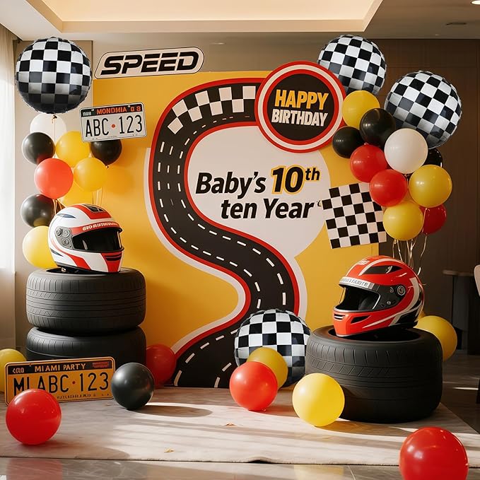 Race Car Balloon Bundle 20 Pcs Checkered Balloons Latex Balloon Yellow Red Black Boy One Happy 1st 2nd Vintage Two Fast Theme Fast One Race Car Birthday Party Decor Supplies Kit