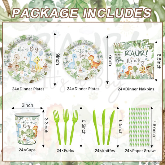 168PCS Watercolor Dinosaur Party Supllies for Kids Cartoon Dino Birthday Party Decorations Plates Cups Napkins Cups Forks Knives and Straws Tableware Set for 24 Guests