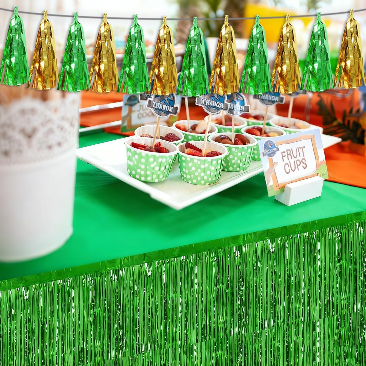 3P Sage-Green Gold Tassel Banner Garland Metallic Foil Fringe Banner Tinsel Tassels Streamer Banner Backdrop for Parade Floats, Graduation Decorations, Woodland Party Decoration