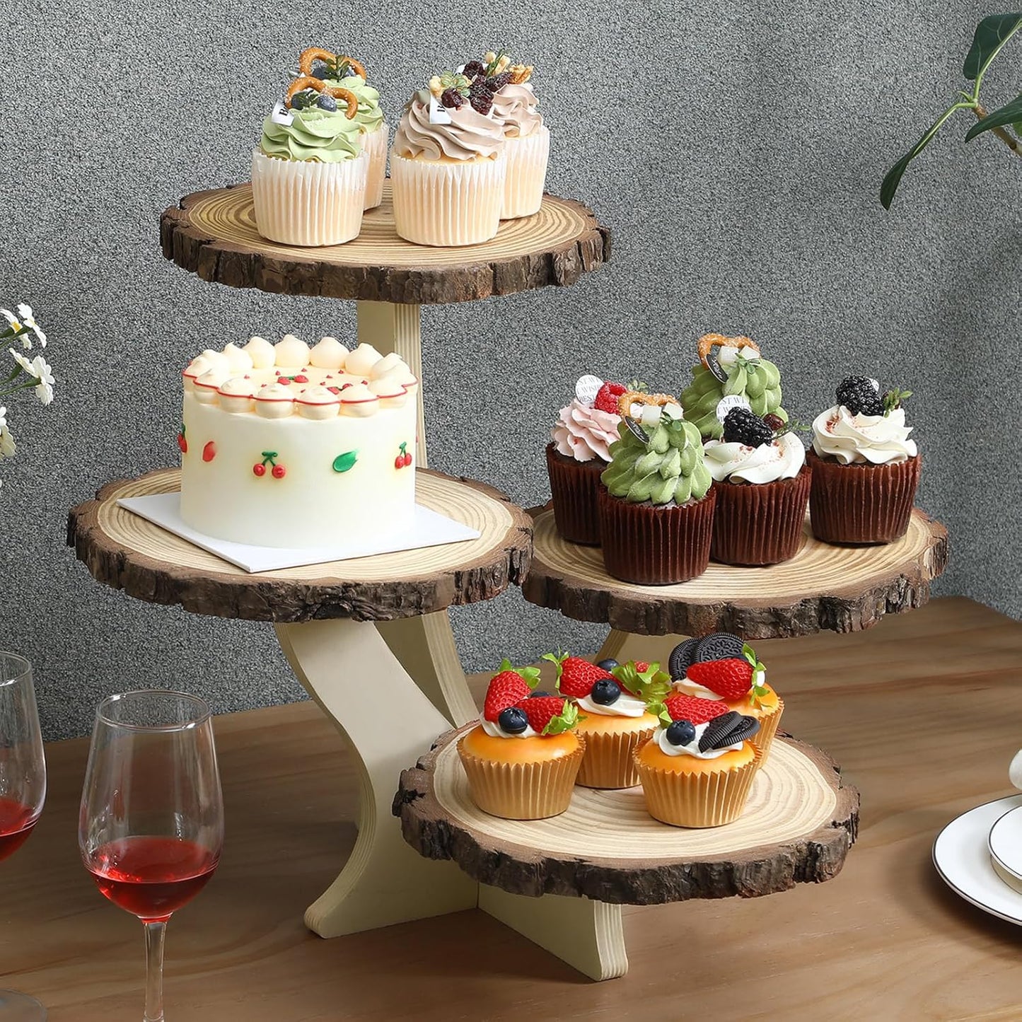 Chunful 4 Tier Round Natural Wood Cupcake Dessert Stand, Cup Cake Tower Stand Holder, Wooden Cake Display Tiered Centerpiece, Great for Party, Birthdays, Weddings, Baby Showers, Holiday Decoration