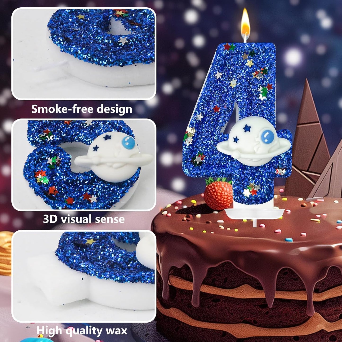 HXOUSE Spaceship Number 4 Birthday Candles - Outer Space Universe Birthday Candles for Cake, 4 Candle Topper for Anniversary Celebrations, Astronaut Rocket Party Decorations for Boys