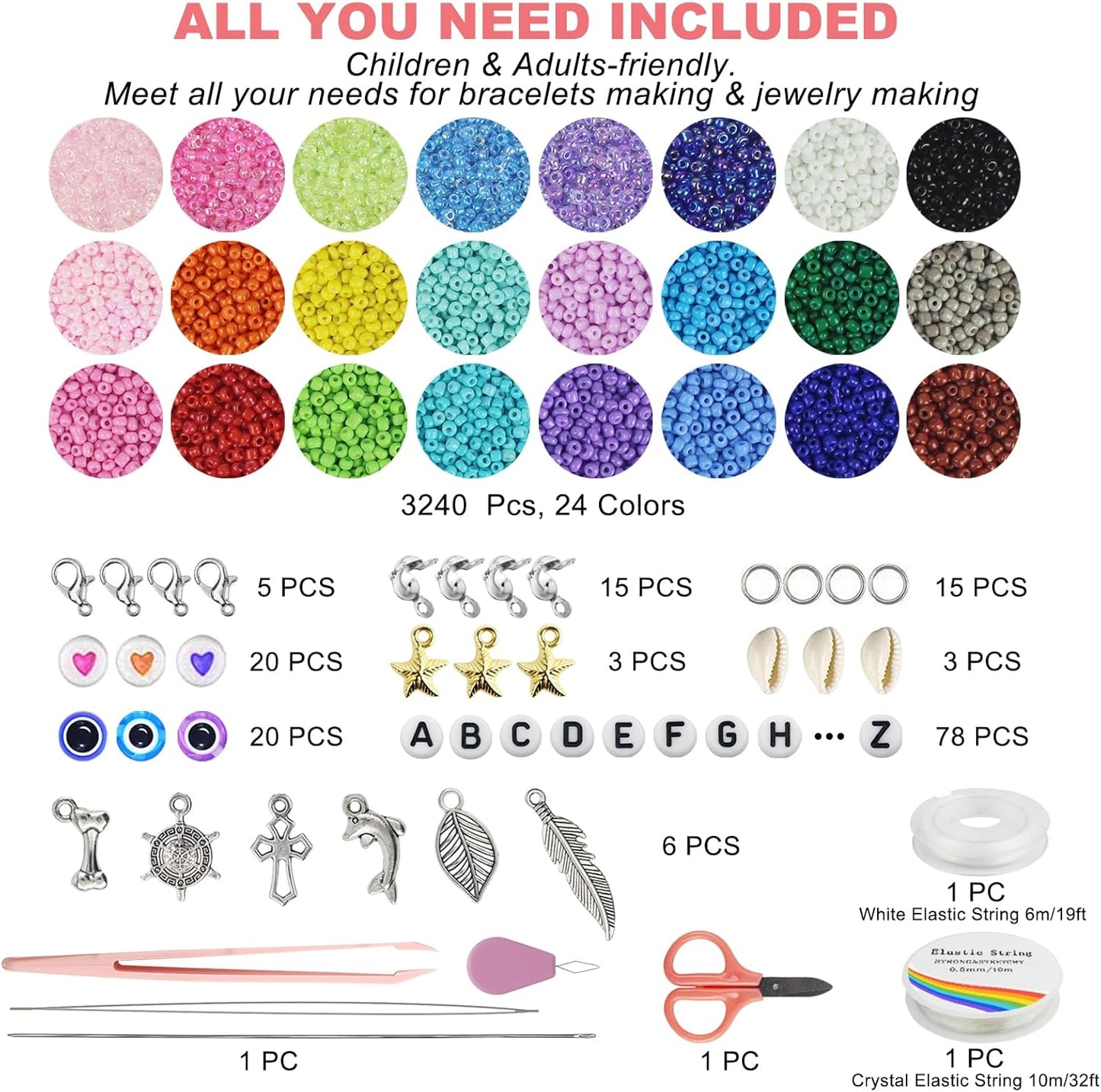 Redtwo 4mm Glass Seed Beads for Jewelry Bracelet Making Kit, Small Beads Friendship Bracelet Kit, Tiny Waist Beads with Letter Beads and Elastic String, DIY Art Craft Girls Gifts.