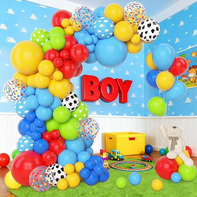 Amandir 152Pcs Blue Red Yellow Balloon Arch Garland Kit, Different Sizes 12 10 5 Cow Cloud Pattern Green Confetti Latex Balloons For Cartoon Theme Birthday Baby Shower Decorations